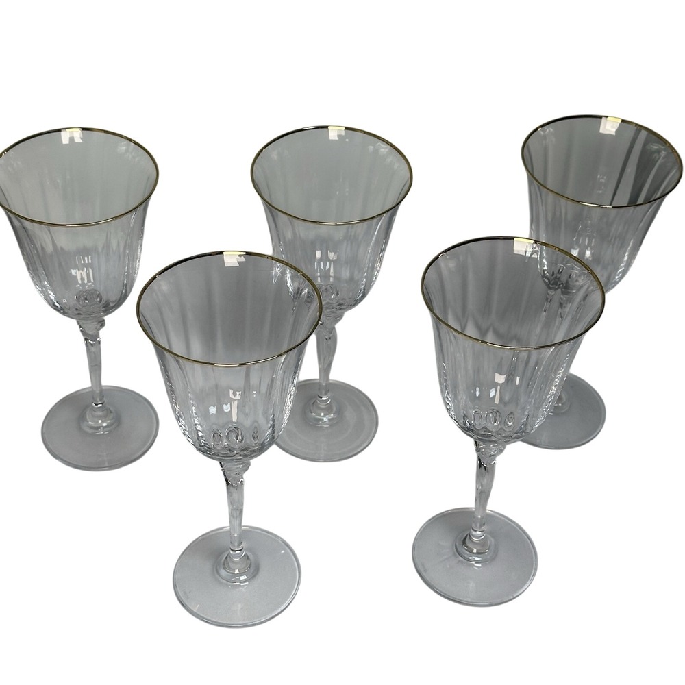Oneida Southern Garden Gold Rim Crystal Wine Glasses Set 5 Fluted Twisted Stem
